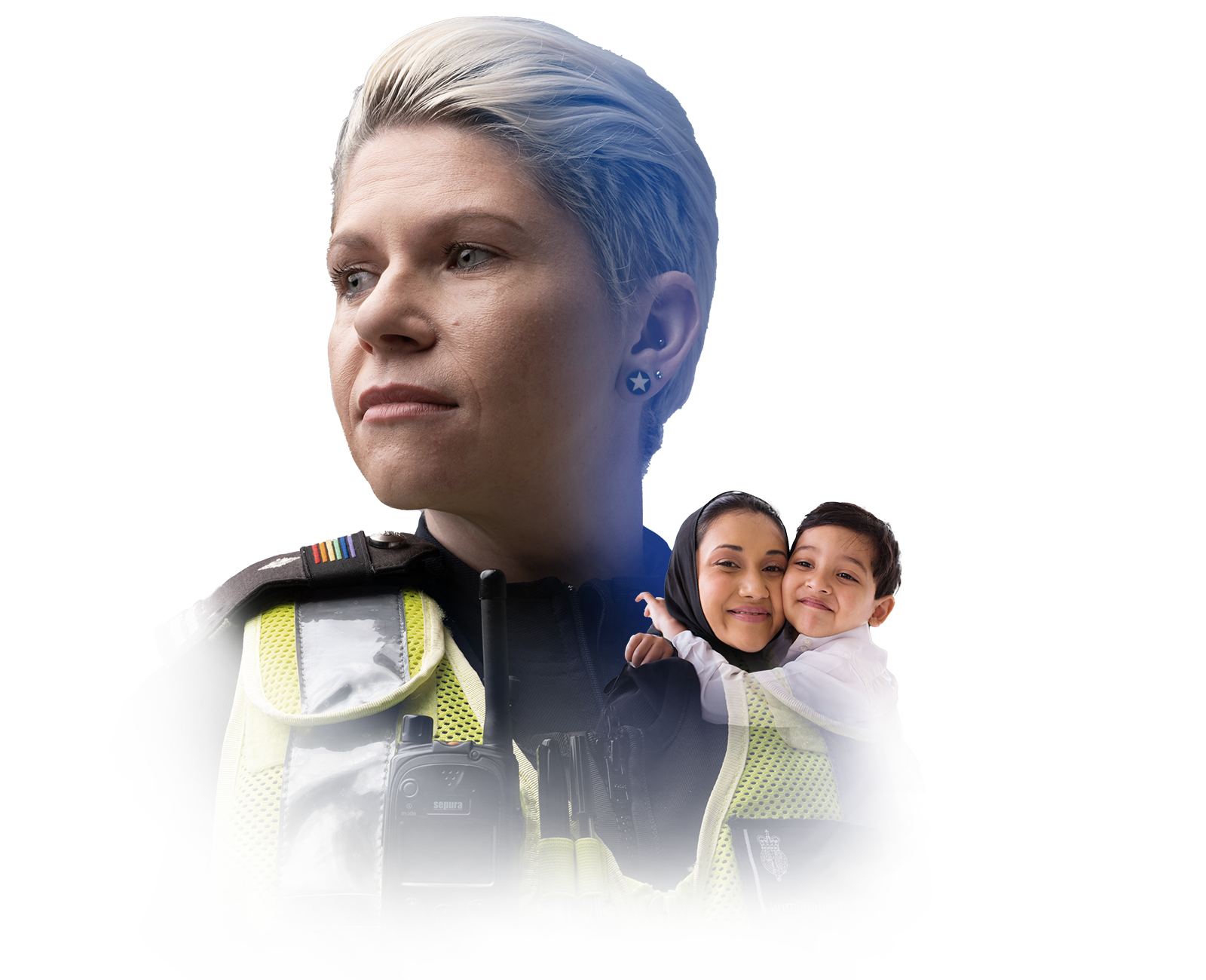 Member of Home Office staff with image of 2 business people superimposed