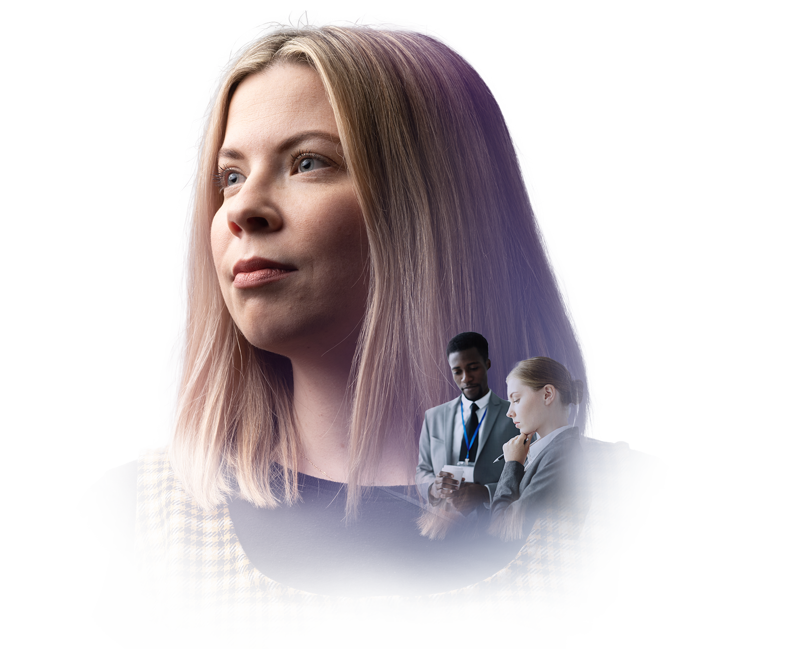 Member of Home Office staff with image of 2 business people superimposed