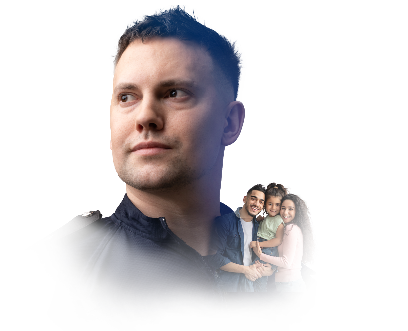 Member of Home Office staff with image of a family superimposed