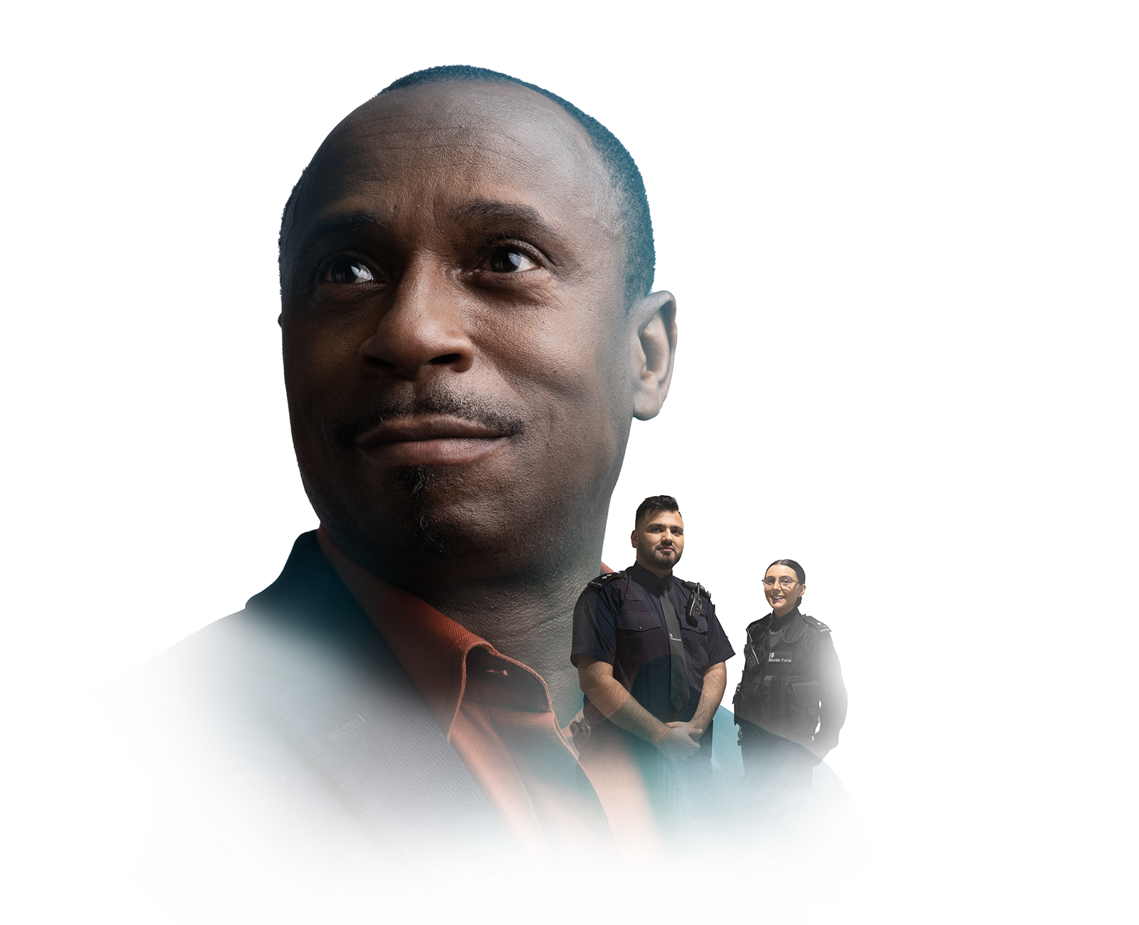 Member of Home Office staff with image of 2 BF officers superimposed