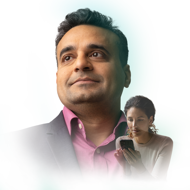 Member of Home Office staff with image of a woman looking at a mobile phone superimposed