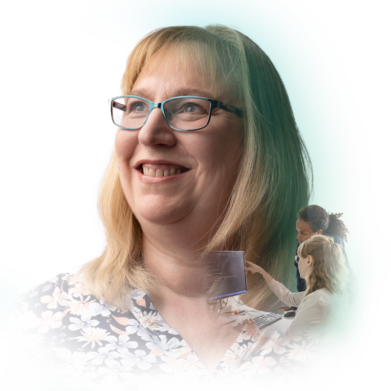 Member of Home Office staff with image of 2 women looking at data on a PC superimposed
