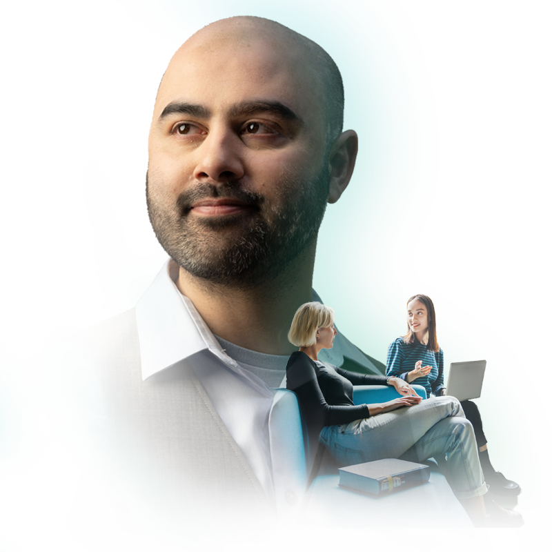 Member of Home Office staff with image of 2 women talking superimposed