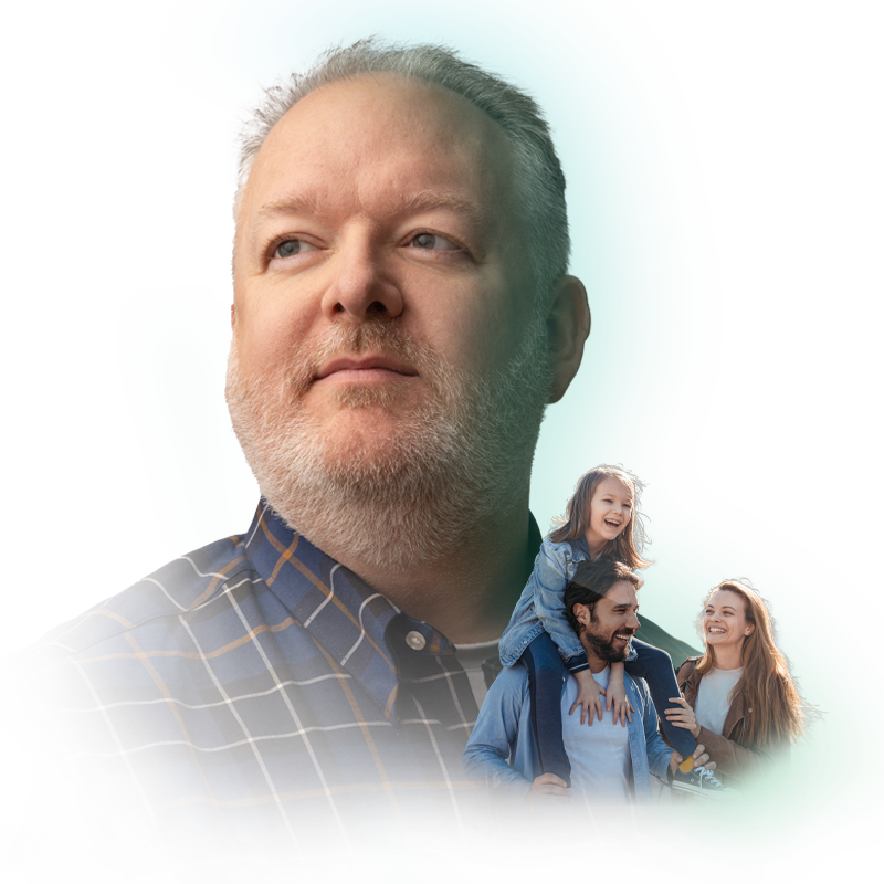 Member of Home Office staff with image of a family superimposed