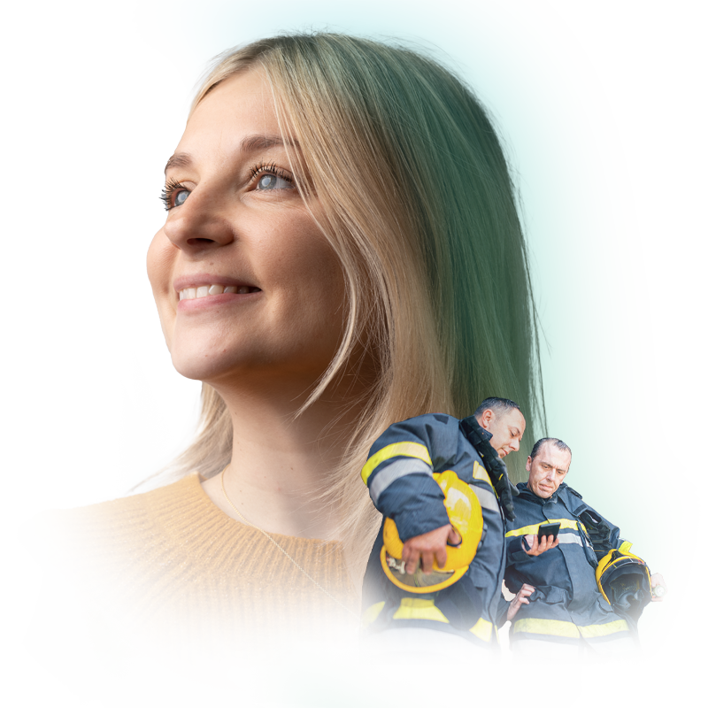 Member of Home Office staff with image of firefighters superimposed
