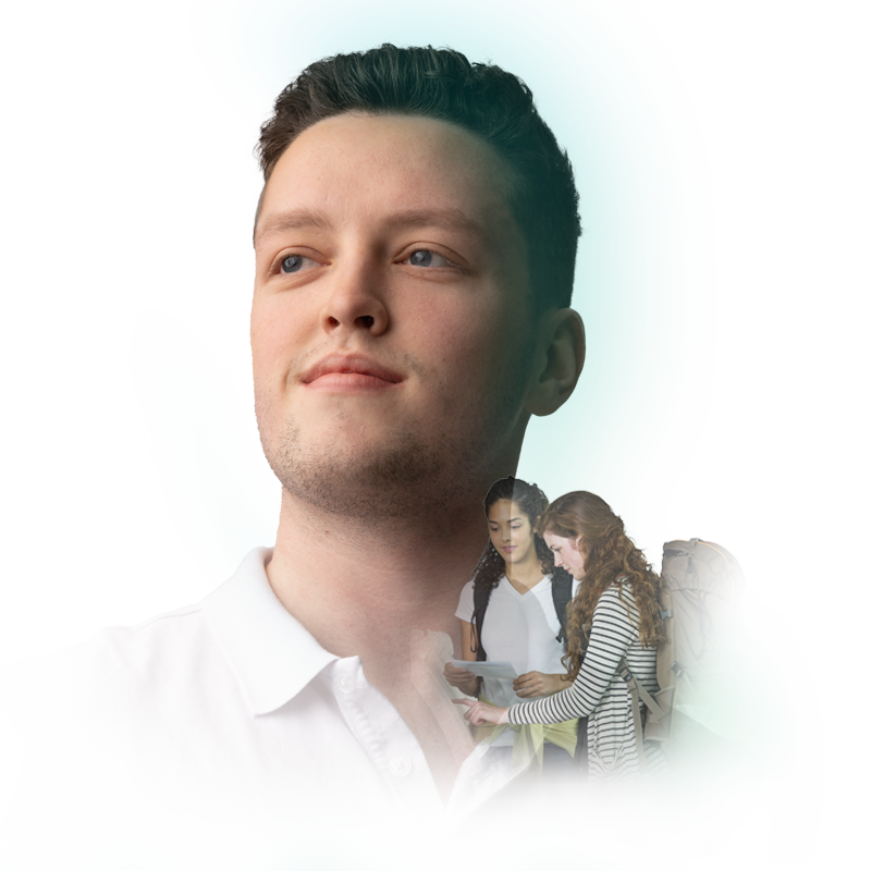 Member of Home Office staff with image of travellers superimposed