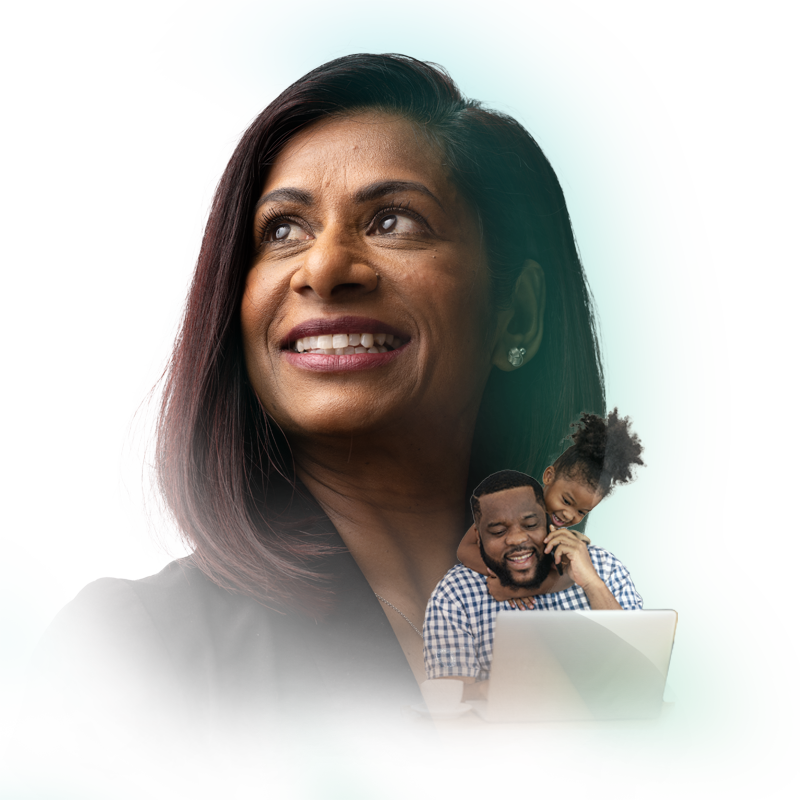 Member of Home Office staff with image of father and daughter at a laptop superimposed